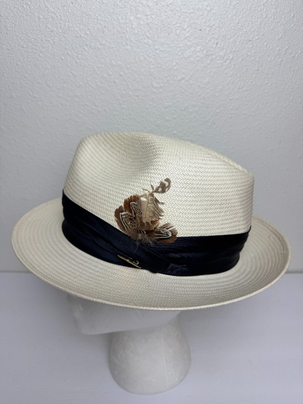 Stacy Adams Summer Fedora Hat Black Band Gold Logo Natural Fibre Sz L